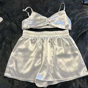 2 Piece White Satin Set